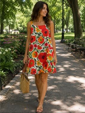 Tyler Boe Floral A-Line Sleeveless Linen Blend Mini Dress. Size Large.